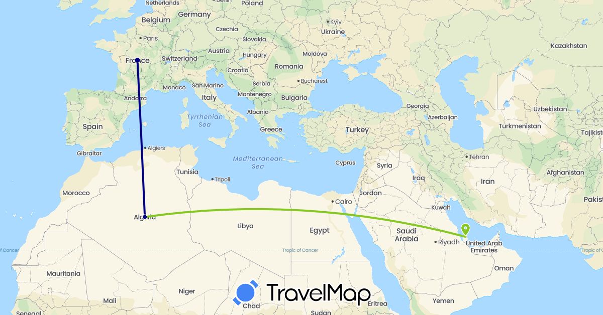 TravelMap itinerary: driving, electric vehicle in Algeria, France, Qatar (Africa, Asia, Europe)